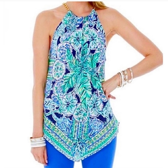 Lilly Pulitzer Tops - SILK Lilly Pulitzer Small Cabana Top In Escape Artist print Blue Green halter